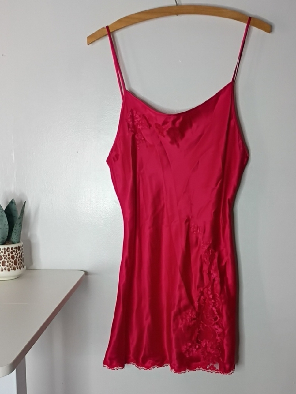 Victoria's Secret Hot Pink Red Satin Slip Sexy One Piece Lingerie Medium Lace